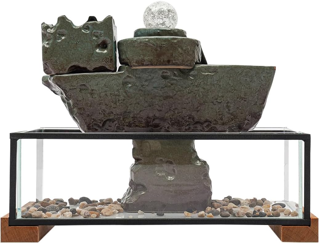 24V 3W Tabletop Eco Fish Tank -Indoor Relaxation Desktop Fountain w/Mist, LED, Artificial Stone Mountain for Meditation and Décoration for Good Luck Wealth