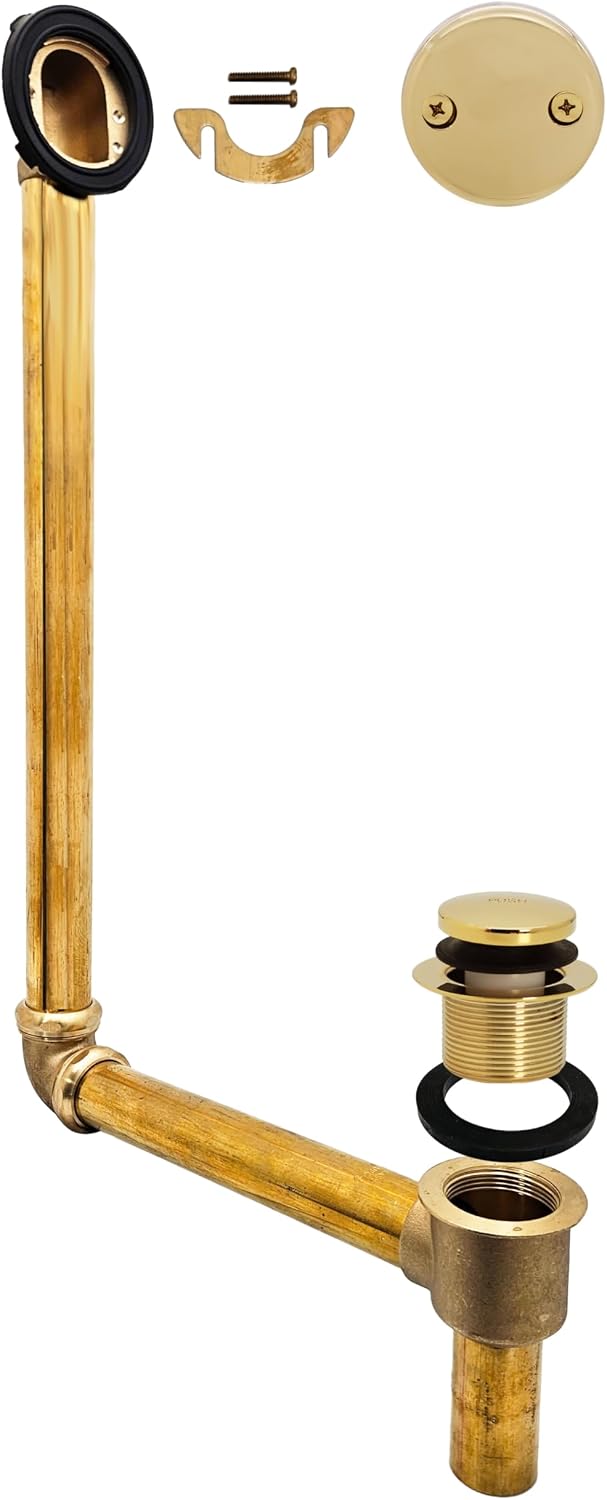 Westbrass 18' Tip-Toe Drain Trim with 2-Hole Overflow Faceplate & Direct Connect Shoe Outlet, Polished Brass, 7931817-DC-01