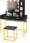 VINGLI Large Vanity Set with Lighted Mirror,Modern Makeup Vanity Table Set with LED Lights in 3 Colors,Bedroom Dressing Table with 2 Large Drawers and Storage Shelves for Women,Black&Gold