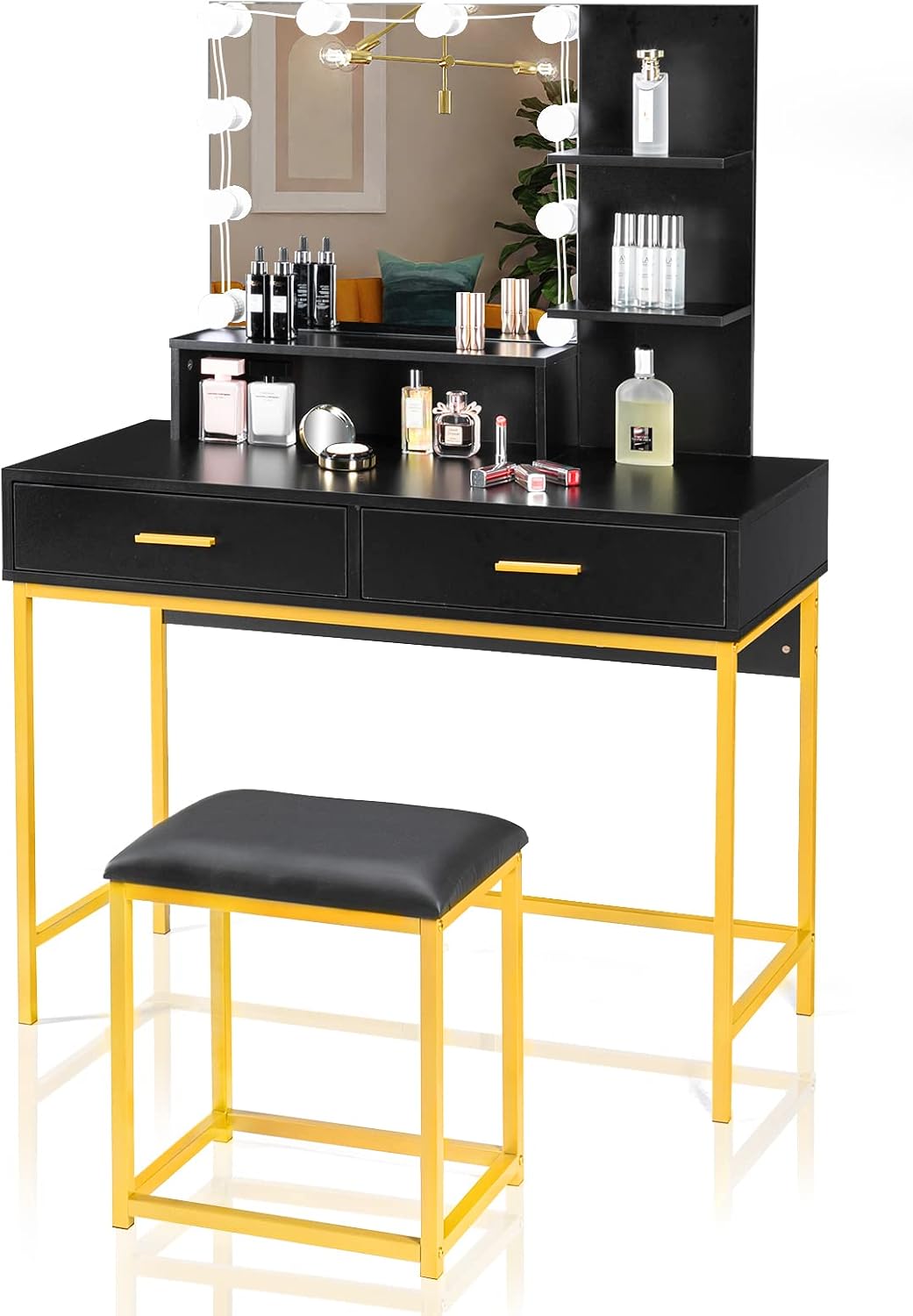 VINGLI Large Vanity Set with Lighted Mirror,Modern Makeup Vanity Table Set with LED Lights in 3 Colors,Bedroom Dressing Table with 2 Large Drawers and Storage Shelves for Women,Black&Gold