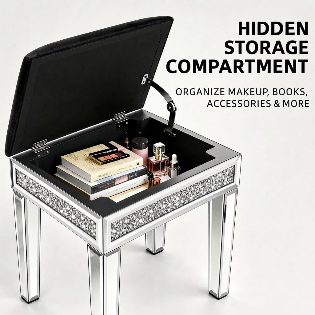 Vanity Stool with Storage, Velvet Upholstered Ottoman with Mirrored Legs, Hidden Storage Compartment, Diamond Trim Glam Makeup Chair & Piano Bench