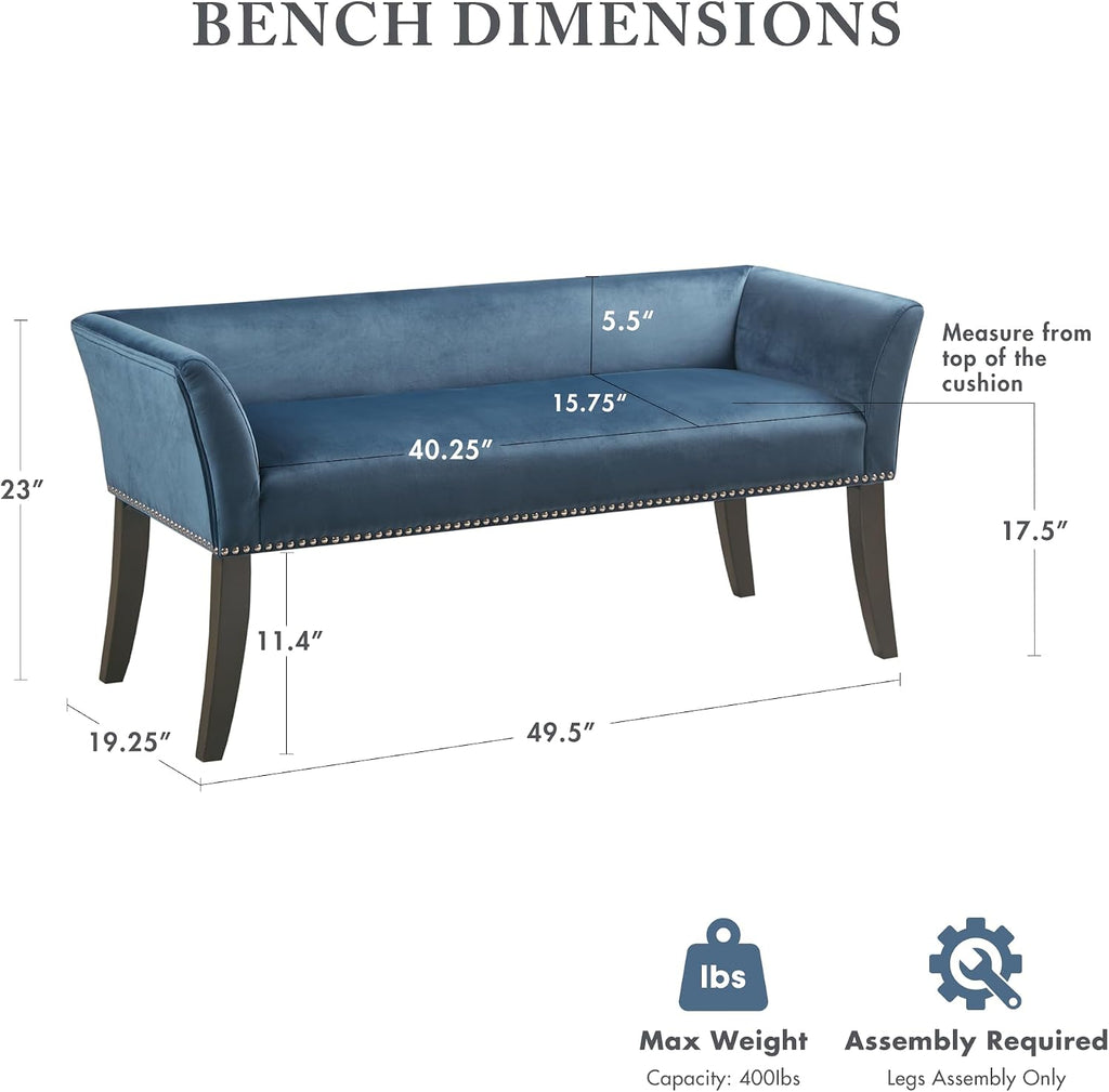 Madison Park Accent Bench, Upholstered with Nailhead Trim, & Padded Seat Entryway Bench Small, End of Bed Bench with Back, 49.5' W x 19.25' D x 23' H, Blue