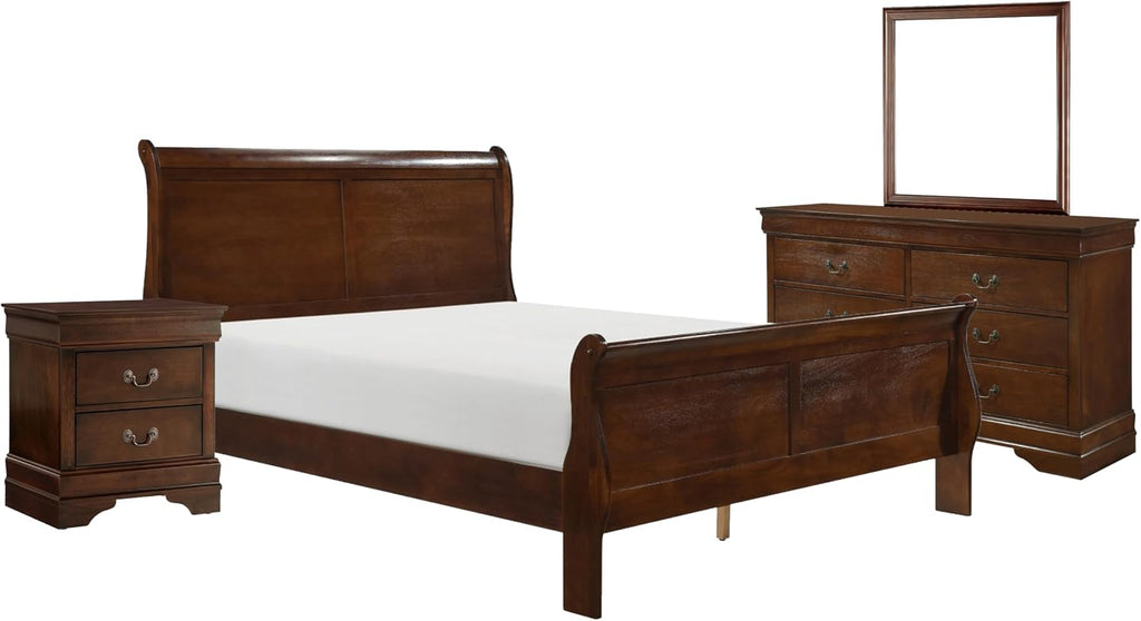 Benzara Fy Four Piece Queen Size Bedroom Set- Antique Brass Metal Handles- Cherry Brown