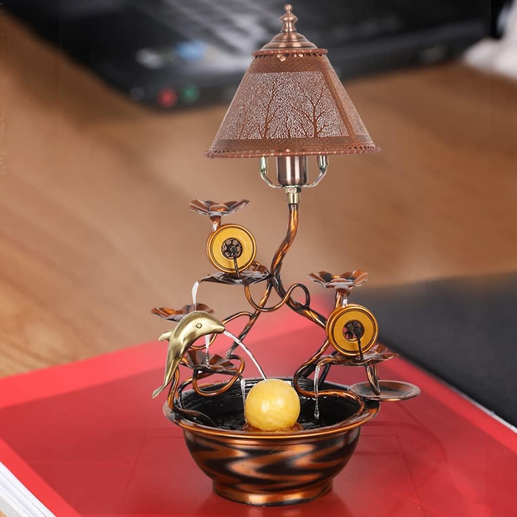 Retro Tabletop Fountain with Fish Tank - Bonsai Copper Table Lamp, Home Decor, Flowing Water Feature