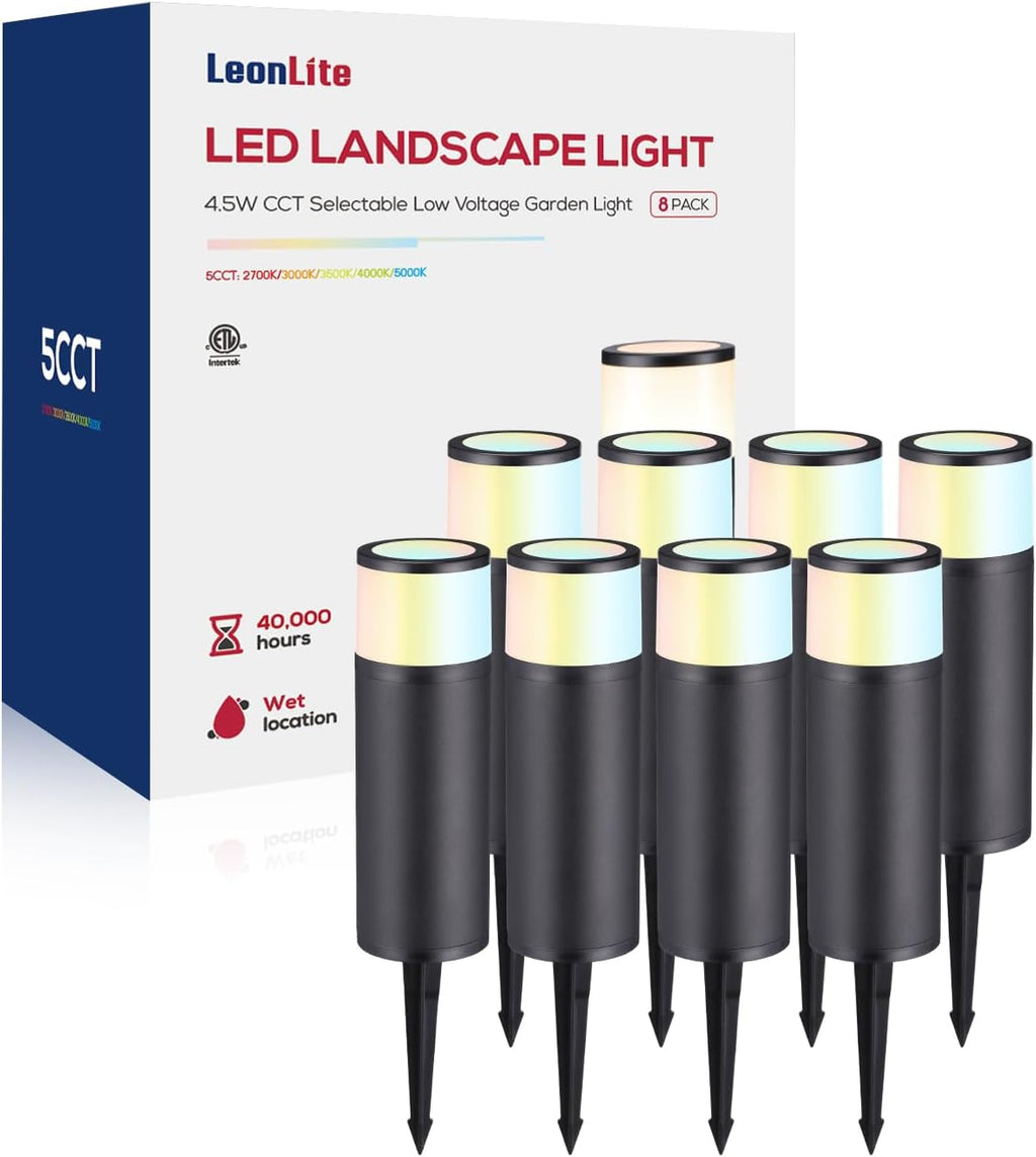 LEONLITE 8-Pack 4.5W LED Landscape Bollard Path Lighting, 5CCT Low Voltage Landscape Lights, 2700K/3000K/3500K/4000K/5000K Selectable, Outdoor Pathway Light, Die-Cast Aluminum Housing, FCC, ETL Listed