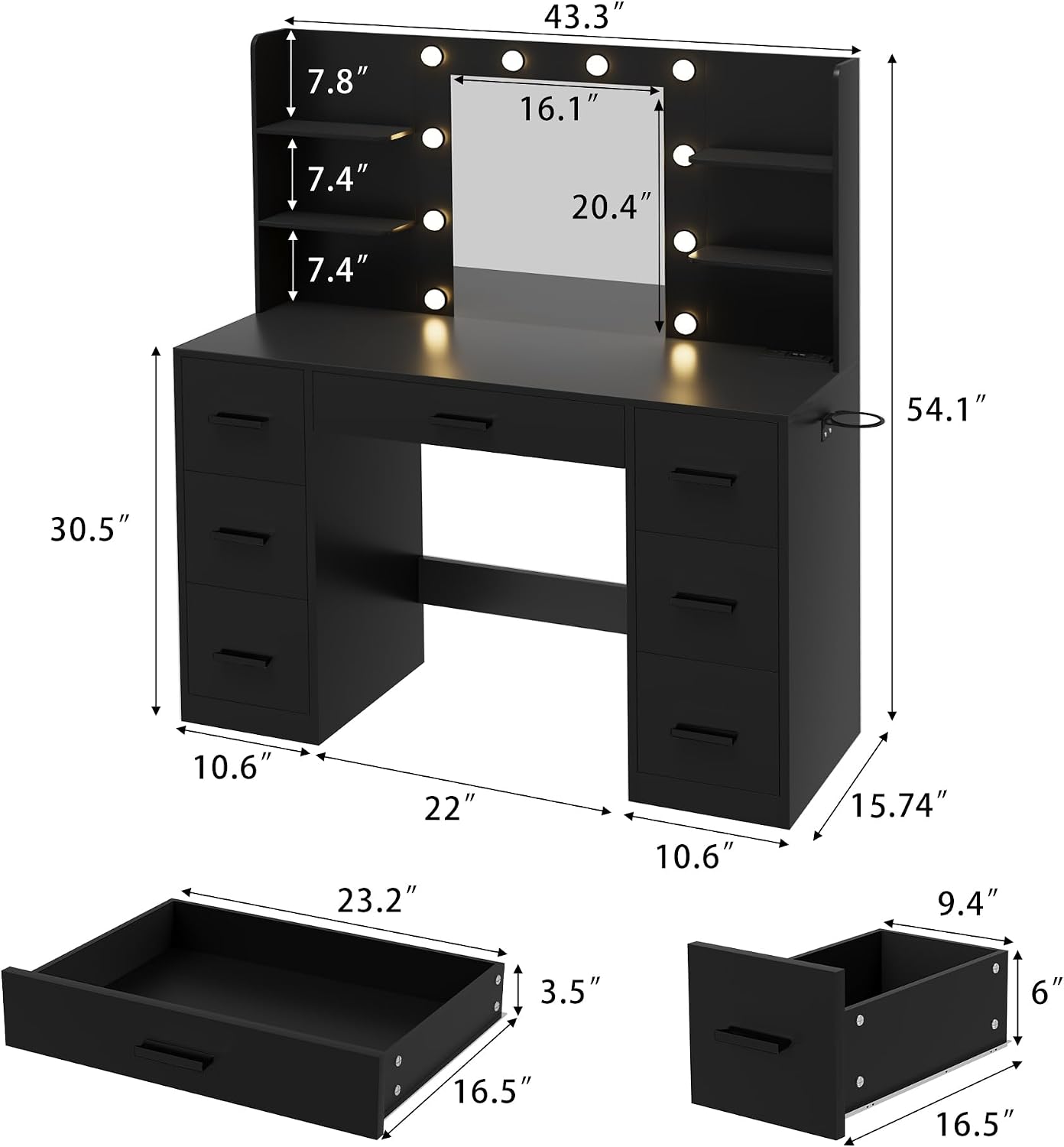 Furmax Vanity Desk with Mirror, LED Lights and Power Outlet Makeup Vanity Table with 7 Drawers and 6 Storage Shelves Dressing Table for Bedroom Dressing Room (Black)