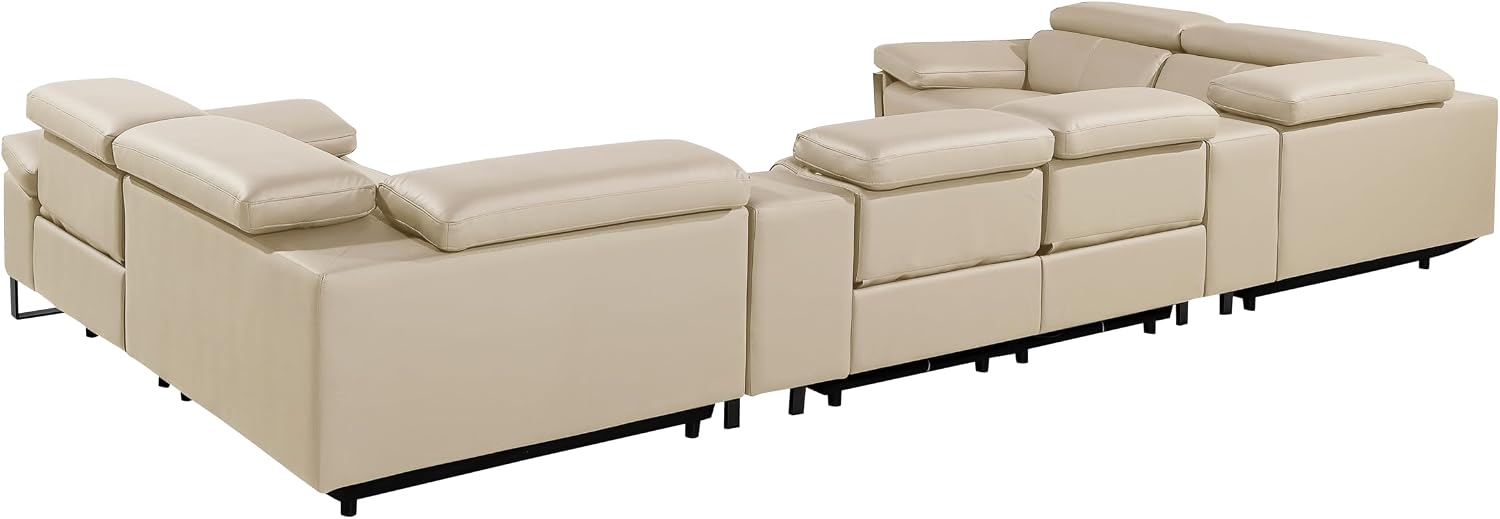 BlackJack Furniture Antonio 8 Piece U Shaped Power Reclining Sectional Sofa, Modular Couch with Top Grain Italian Leather, 4 Electric Recliners, USB & Wireless Chargers, Storage Console, Beige