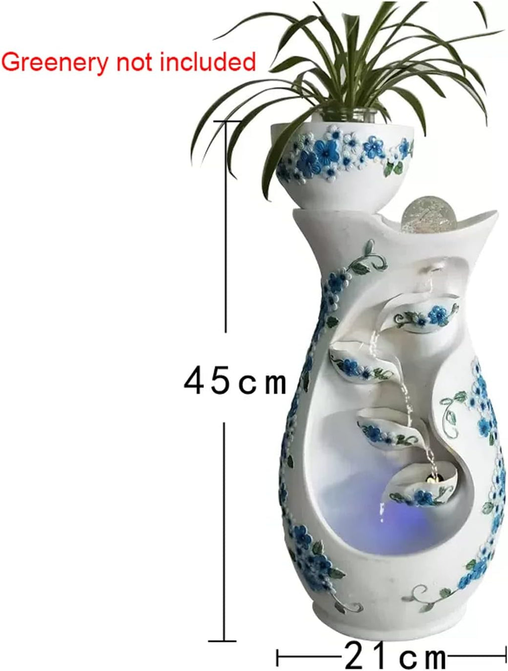 Tabletop Fountain Indoor Desktop Tabletop Water Fountain White Background Blue Flower Tiered Resin Vase Pitchers Elegant Interior Feature Decorative for Home and Office(Small)