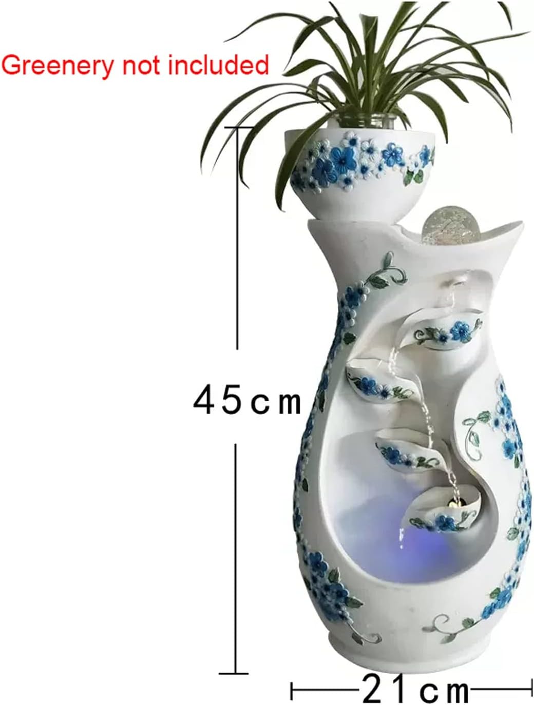 Tabletop Fountain Indoor Desktop Tabletop Water Fountain White Background Blue Flower Tiered Resin Vase Pitchers Elegant Interior Feature Decorative for Home and Office(Small)