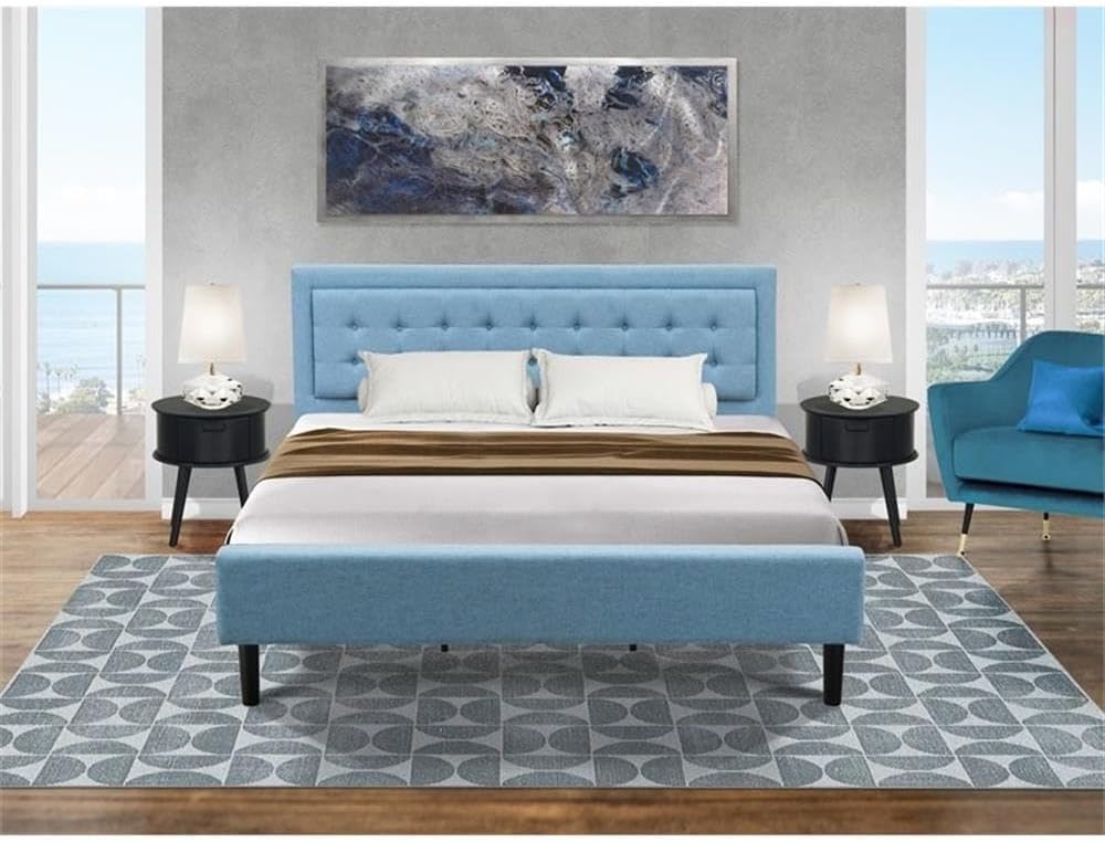 East West Furniture FN11K-2GO15 3-Piece Platform King Size Bedroom Set with 1 King Size Frame and 2 End Tables for bedroom - Reliable and Sturdy Construction - Denim Blue Linen Fabric