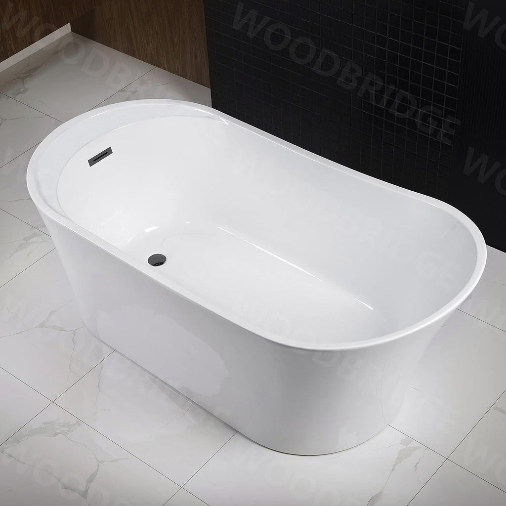 WOODBRIDGE 59' Acrylic Freestanding Bathtub Contemporary Soaking White Tub with Matte Black Overflow and Drain，B0083-MB-Drain&O