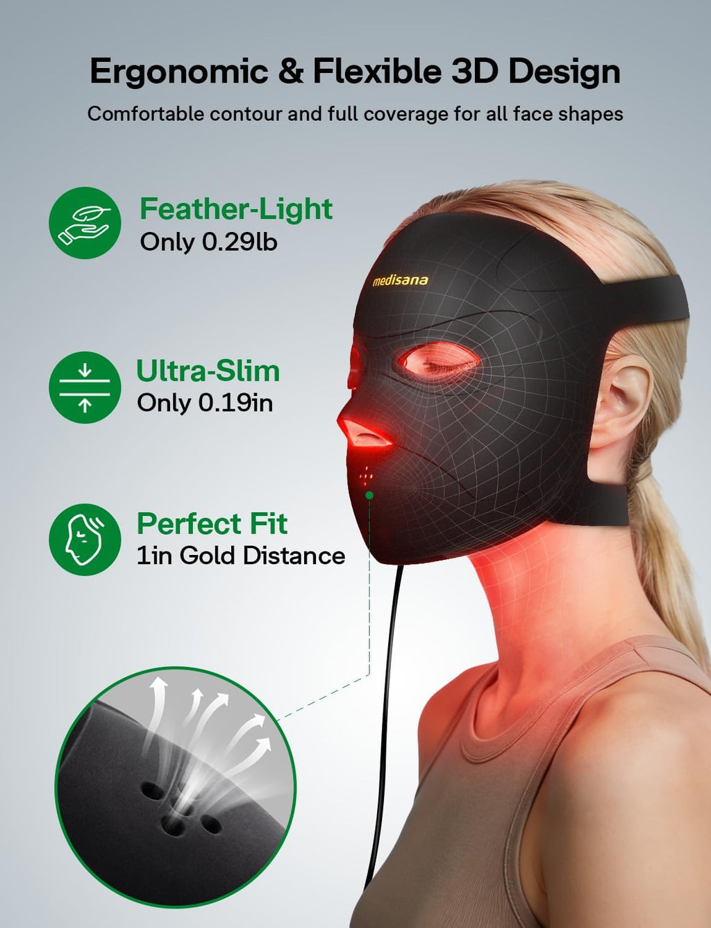 Medisana 3D Red Light Therapy Mask for Face, 336 LEDs Light Therapy Mask with 3 Modes - NIR 830nm, Red 630nm, Blue 415nm - Cordless & Rechargeable LED Face Mask for Home, Skincare Gifts (Black)