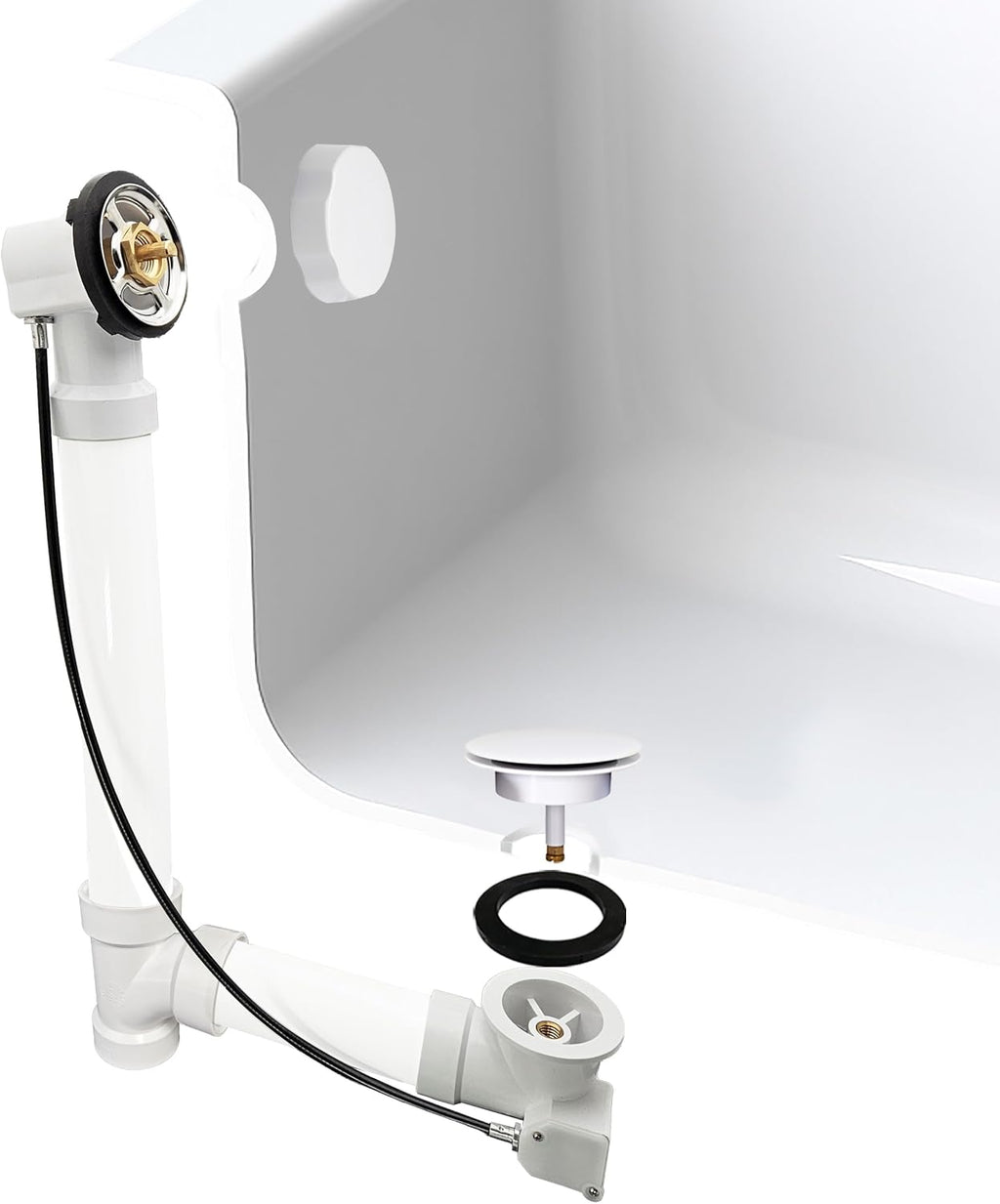Westbrass A50P45-50 45' SCH. 40 PVC Cable Driven Bath Drain Trim Kit with Rotary Overflow Cover Knob and Pop-Up Stopper, White