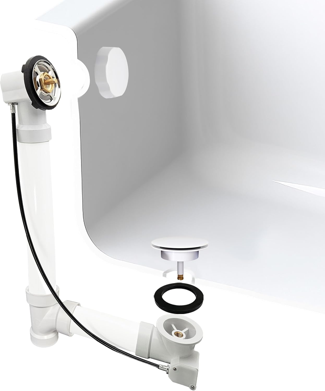 Westbrass A50P45-50 45' SCH. 40 PVC Cable Driven Bath Drain Trim Kit with Rotary Overflow Cover Knob and Pop-Up Stopper, White