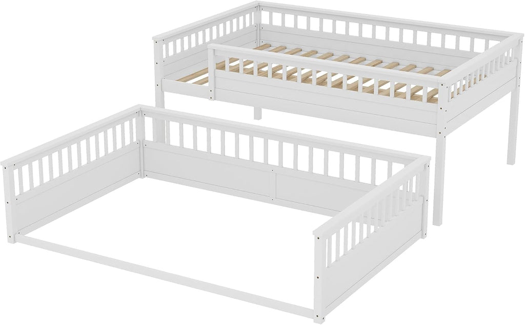 RUNNA Rustic Solid Wood Bunk Bed for Kids Teens with Ladder and Guardrails, Detachable Split Design,No Box Spring Needed (Off White, Queen Over Queen)