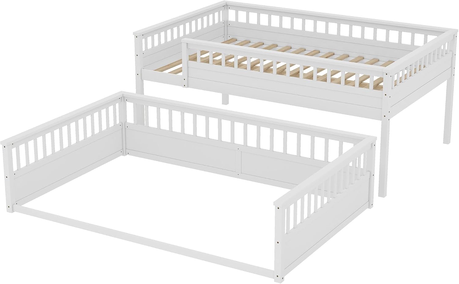 RUNNA Rustic Solid Wood Bunk Bed for Kids Teens with Ladder and Guardrails, Detachable Split Design,No Box Spring Needed (Off White, Queen Over Queen)
