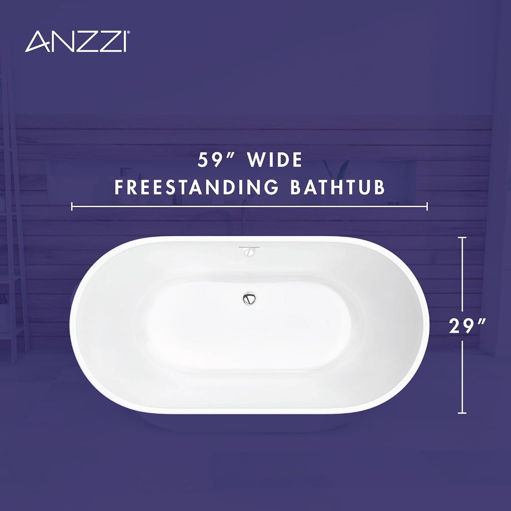 ANZZI Freestanding Bathtub Acrylic 59 In Flat Bottom Soaking Tub White Mone Series Compact Design Built In Overflow 53 Gal Capacity Modern Bathroom Fixture AMZFT903-59 | SKU Glossy Finish Deep Soak