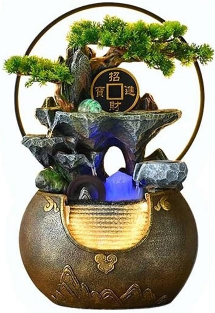 Tabletop Fountain Tabletop Water Fountain Rockery with Waterfall and Fountain Decorative Piece for Home Office Decor(Brown)