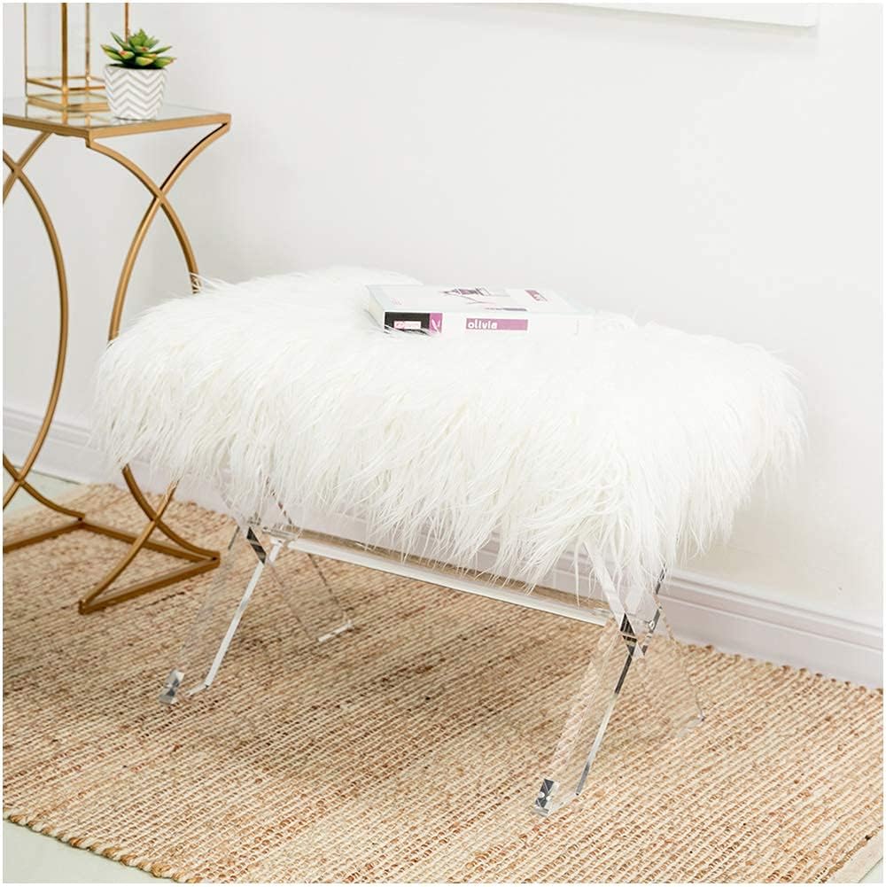 Glitzhome Ottoman Bench, White Faux Fur Ottoman Foot Rest, 25.5' L Modern Vanity Stool Chair with Acrylic Legs for Living Room Bedroom Entryway Makeup Bench End of Bed
