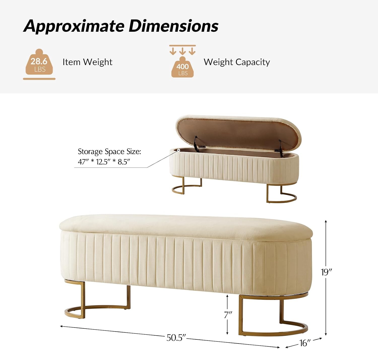 50.5' Velvet Storage Ottoman Bench with Gold-Toned Legs, Luxury Upholstered End of Bed Multi-Functional Footrest & Seat for Bedroom & Entryway