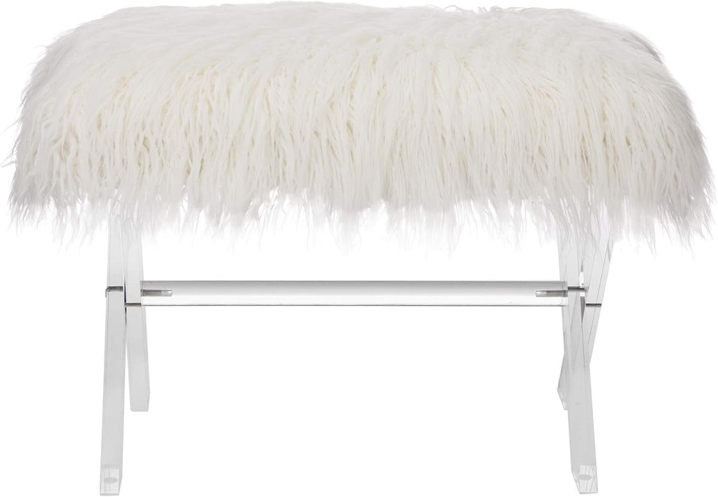 Glitzhome White Faux Fur Ottoman Bench, Modern Ottoman Footrest Stool Vanity Stool with Acrylic Legs Accent Bench for Entryway Living Room Bedroom, 25.5' L