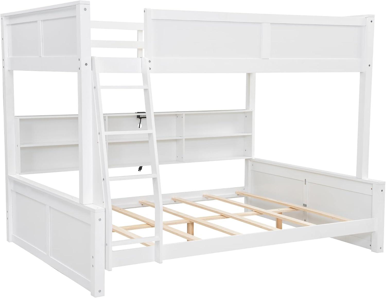 RUNNA Twin XL Over Queen Bunk Bed with Storage Cabinets and USB Ports, Solid Pine Wood Frame, Safety Guard Rails, No Box Spring Needed (Antique White1, Twin XL Over Queen)