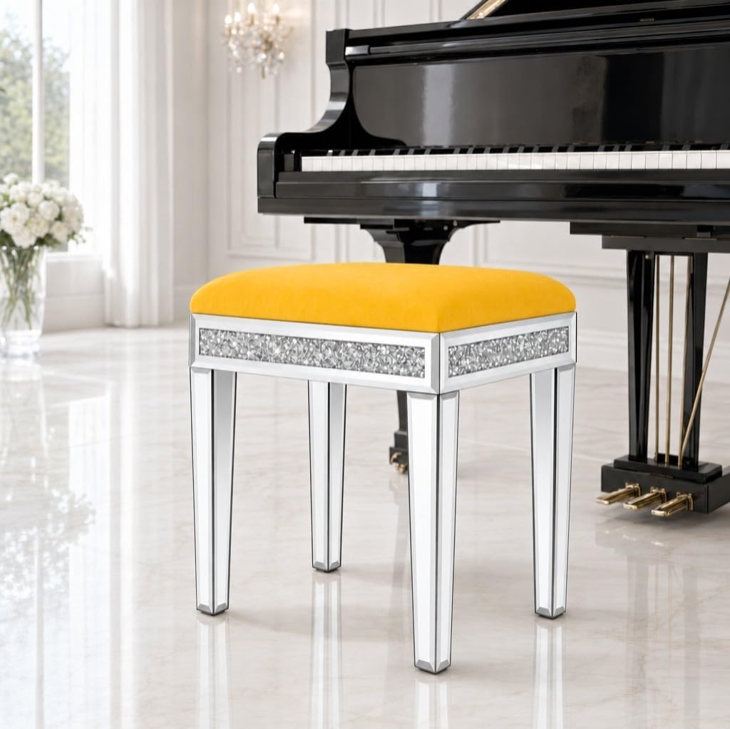 Vanity Stool with Storage – Mirrored Legs, Velvet Cushioned Ottoman, Hidden Compartment, Sparkling Diamond Trim, Glam Makeup Chair & Piano Bench - Silver & Yellow