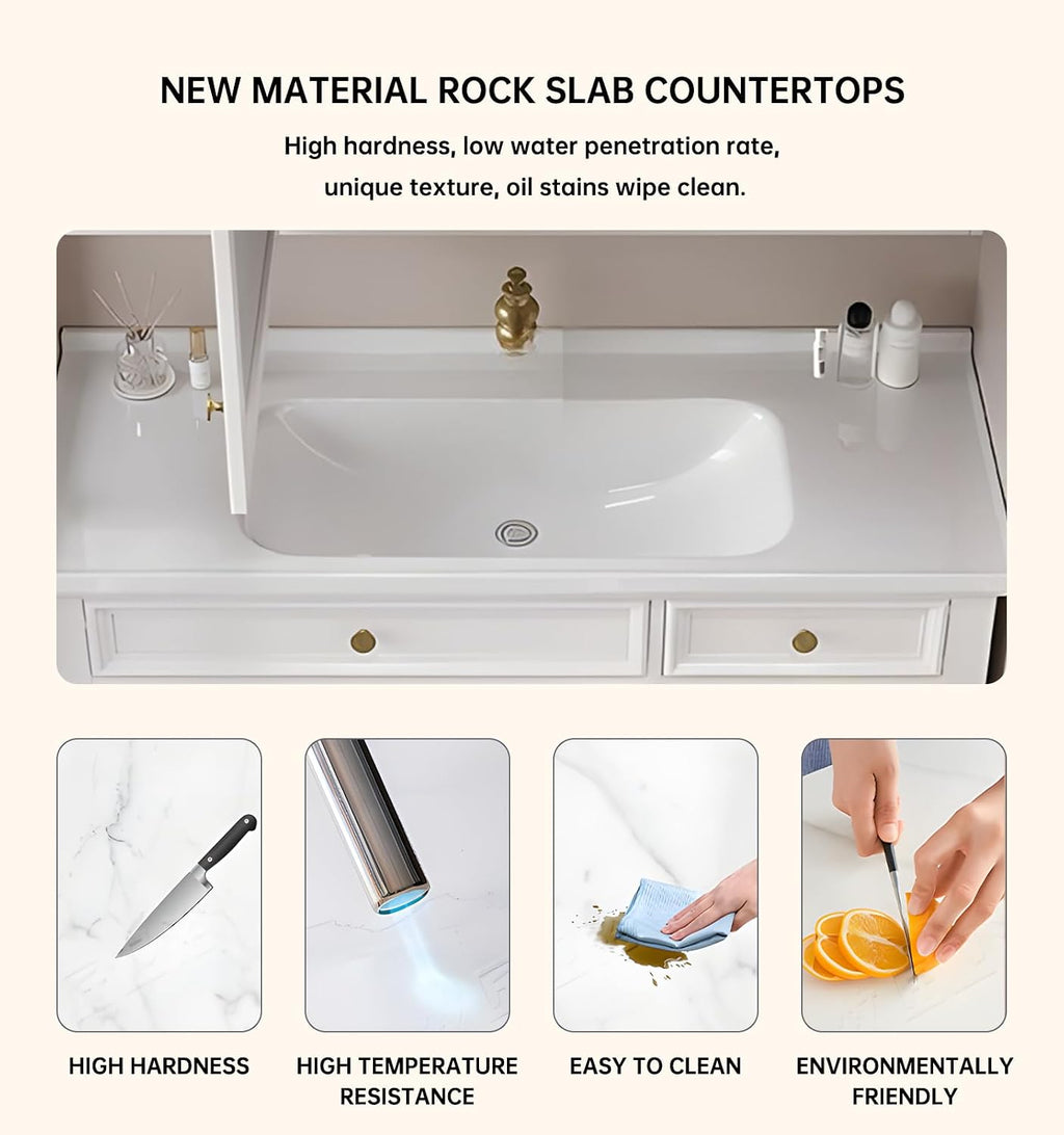 36' Freestanding Bathroom Vanity With Sink,Pure White Ceramic Countertops & Open Mirror Cabinet,2 Soft Closing Doors and 4 dovetail Drawers Bathroom Cabinet/Simple and Light Luxury Style,White