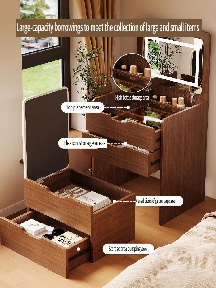 3 in 1 Vanity Desk with Plip Top Mirror and Lights, Small Make Up Vanity Set with Visible Glass Desktop,Compact Makeup Vanity with 3 Drawers Dressing Table for Bedroom,Walnut