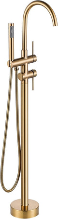 Freestanding Bathtub Faucet Brushed Gold, Floor Mount Tub Filler, High Flow Brass Shower Faucets with Handheld Sprayer for Bath