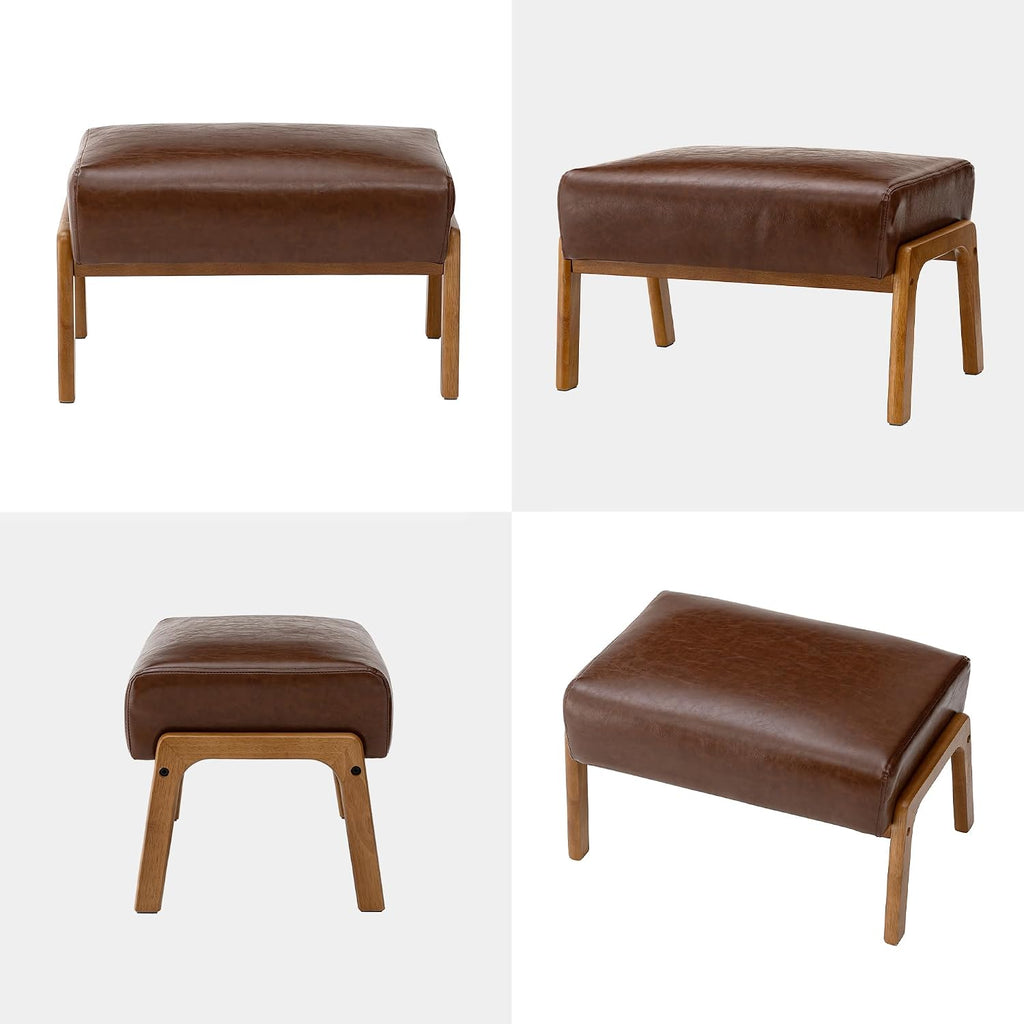 Glitzhome Rectangle Ottoman Bench Set of 2, Modern Coffee Leatherette Footstool with Walnut Rubberwood Legs for Living Room, Bedroom