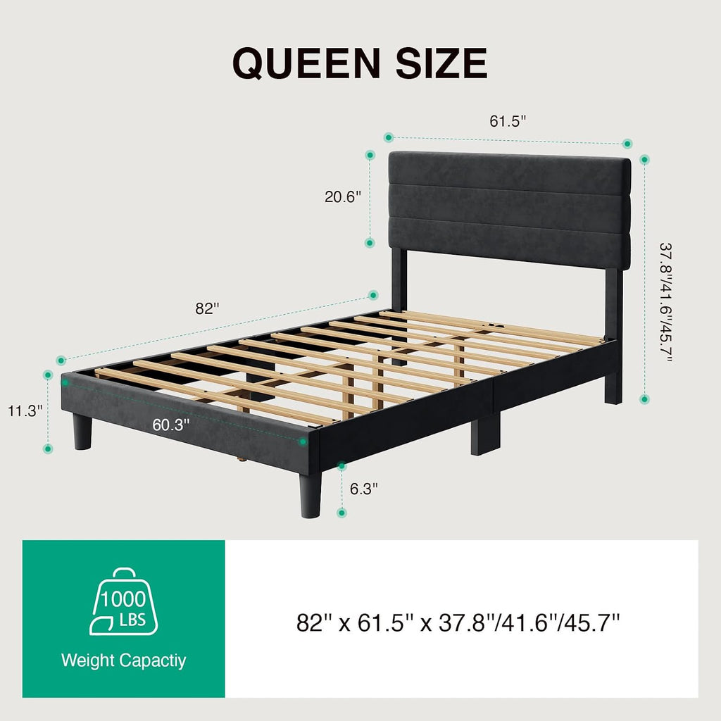 Novilla Queen Bed Frame, Queen Size Bed Frame with Wooden Slats Support, Velvet Upholstered Stripe Headboard, No Box Spring Needed, Heavy Duty Feet, Easy Assembly, Black Velvet
