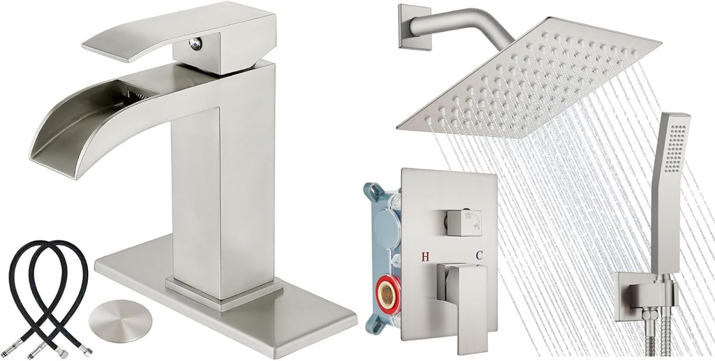 Midanya Brushed Nickel Single Handle Slotted Waterfall Vanity Bathroom Sink Faucets with 8 Inch Brushed Nickel Wall Mount Rain Shower System Square Shower Faucet Set