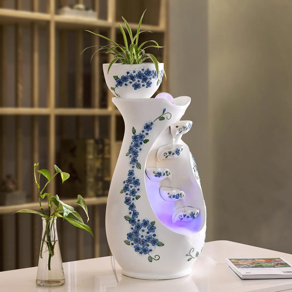 Tabletop Fountain Indoor Desktop Tabletop Water Fountain White Background Blue Flower Tiered Resin Vase Pitchers Elegant Interior Feature Decorative for Home and Office(Large)