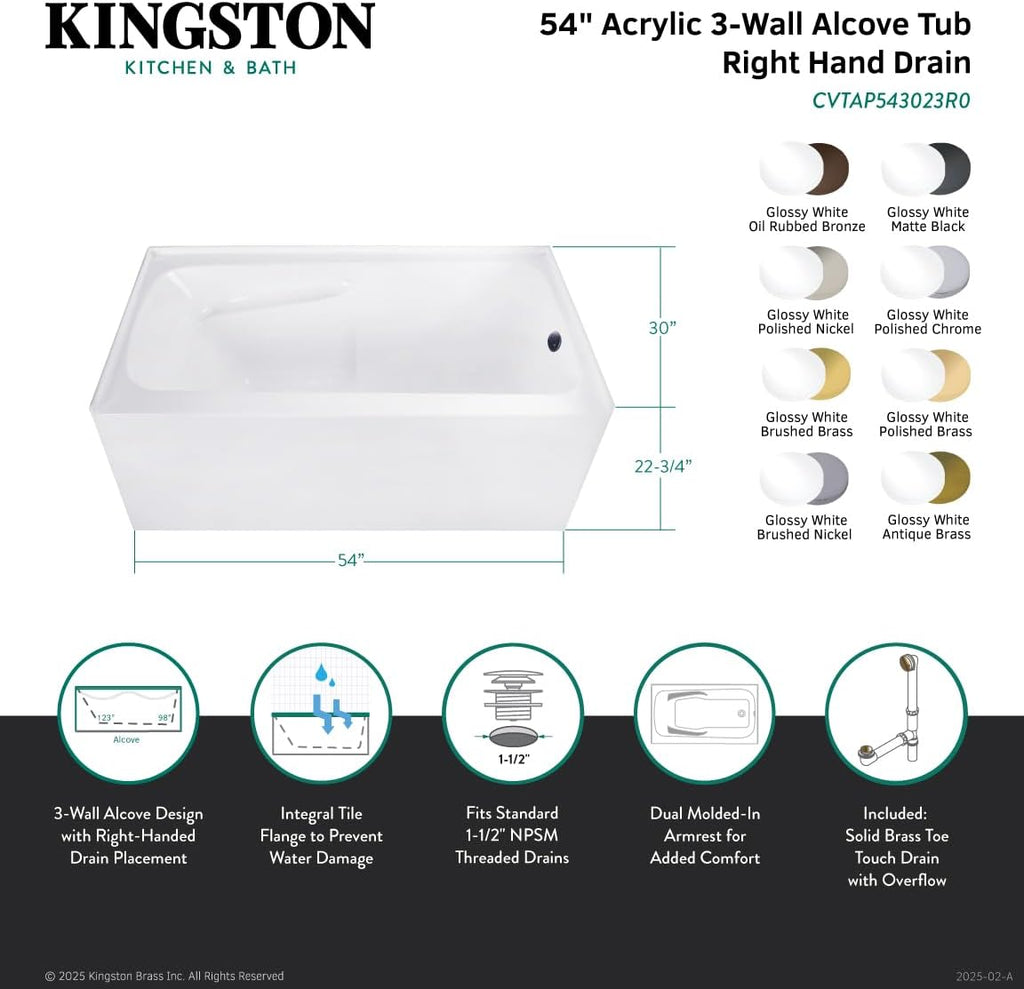 Aqua Eden CVTAP543023R3 54' Acrylic Rectangular 3-Wall Alcove Tub with Armrests, Right Hand Drain, Glossy White/Antique Brass