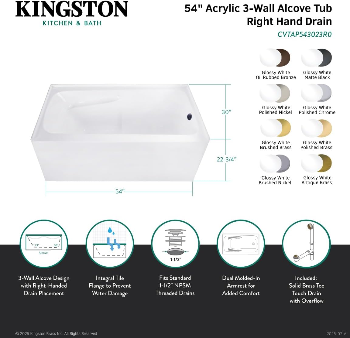 Aqua Eden CVTAP543023R3 54' Acrylic Rectangular 3-Wall Alcove Tub with Armrests, Right Hand Drain, Glossy White/Antique Brass