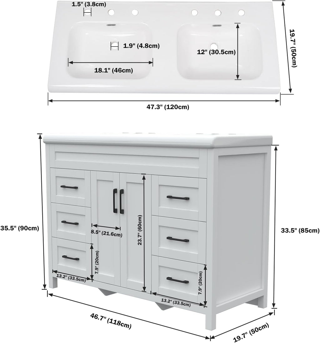 Bathroom Vanity with Double Sink, 48 inch Modern Bathroom Storage Cabinet with Undermount Ceramic Sink, Soft Closing Doors and 6 Drawers, White
