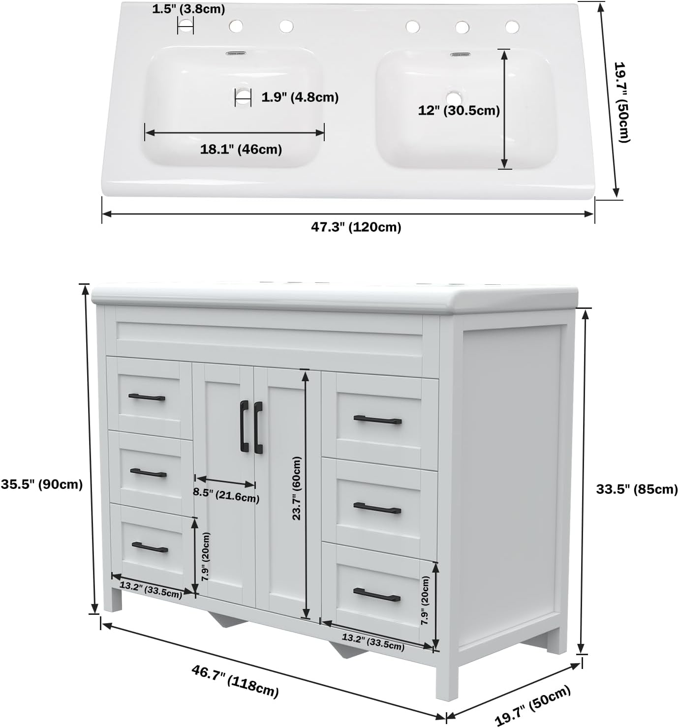 Bathroom Vanity with Double Sink, 48 inch Modern Bathroom Storage Cabinet with Undermount Ceramic Sink, Soft Closing Doors and 6 Drawers, White