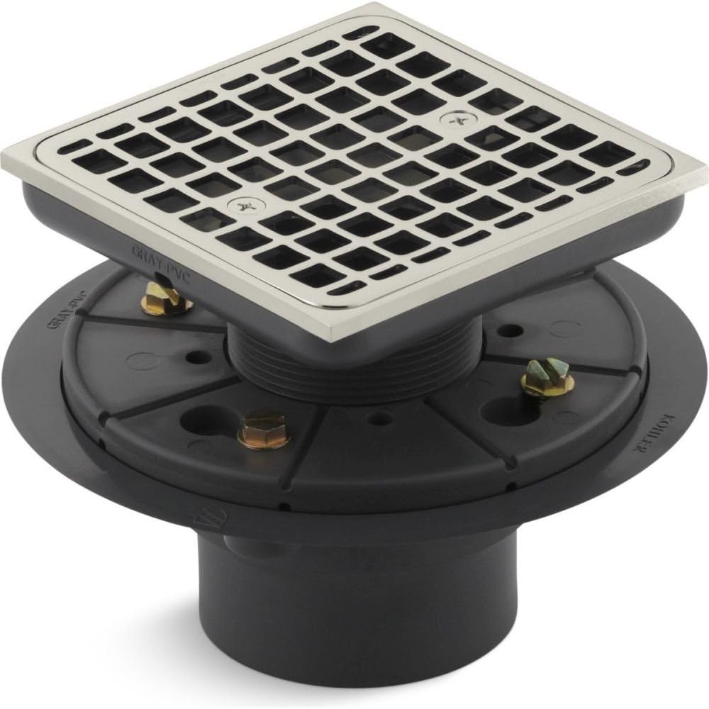KOHLER K-9136-SN Clearflo Square Design Tile-In Shower Drain, Removable Grid Plate, 2' & 3' PVC Connection, Corrosion Resistant, Vibrant Polished Nickel