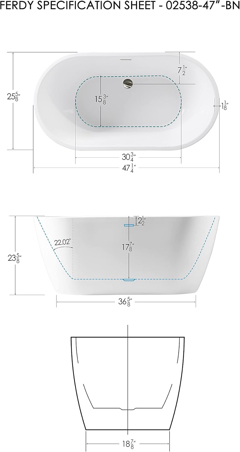 FerdY 47' Bali Acrylic Freestanding Bathtub, Gracefully Shaped Freestanding Soaking Bathtub, cUPC Certified, Toe-Tap Brushed Nickel Drain and Minimalist Linear Design Overflow Included