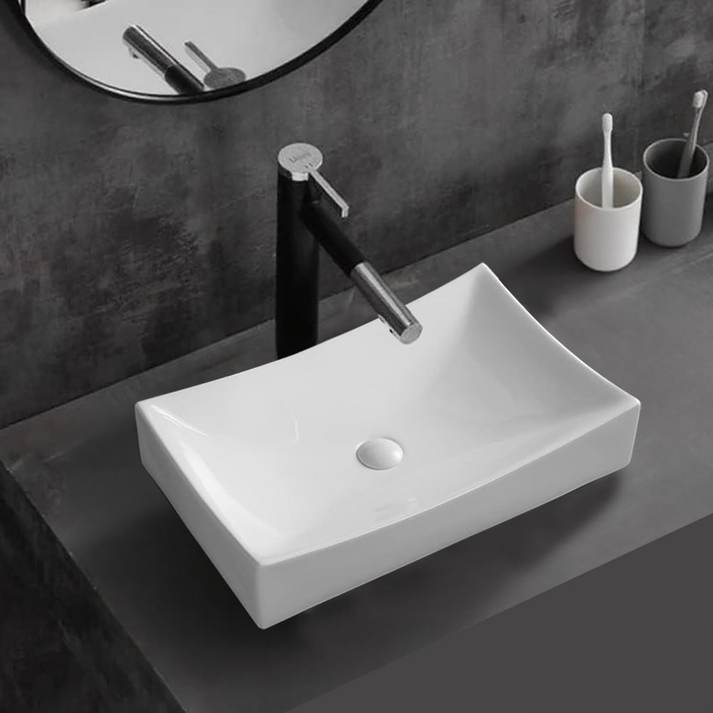 SouNor Small Rectangle Bathroom Sink Above Counter Square Basin Bowl Countertop Vessel 20'x15' Inches Modern Contemporary Porcelain Ceramic Wash Lavatory