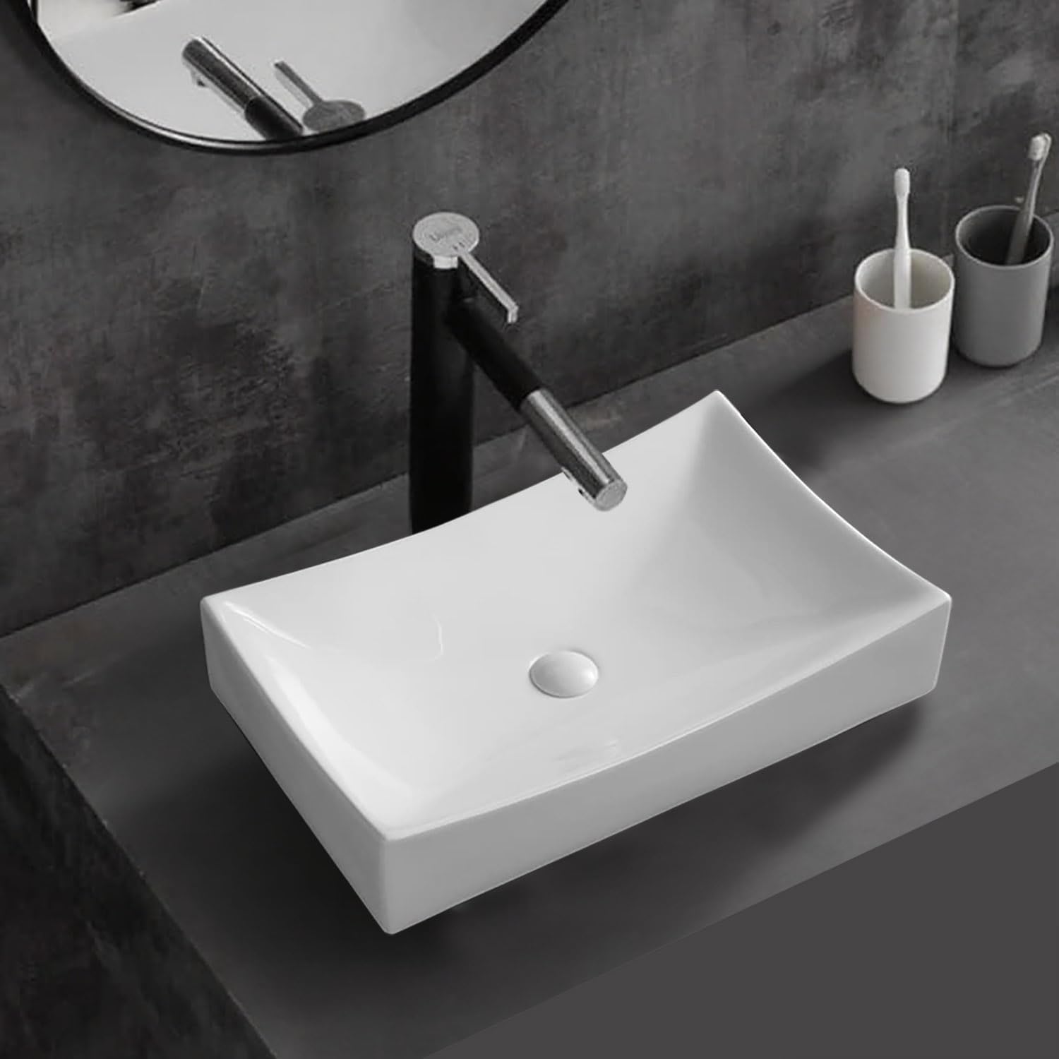 SouNor Small Rectangle Bathroom Sink Above Counter Square Basin Bowl Countertop Vessel 20'x15' Inches Modern Contemporary Porcelain Ceramic Wash Lavatory