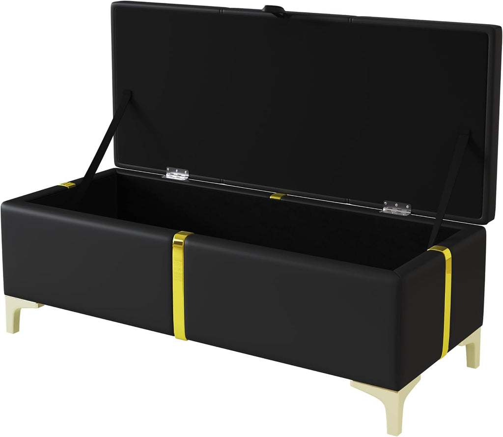 GDFStudio Gomar 2-Piece Bedroom Sets, Queen Size Storage Bed Frame with Hydraulic Lift & Ottoman Bench, PU Upholstered Platform Bed, Soft Fabric Headboard, No Spring Box Needed, Gold Decor, Black