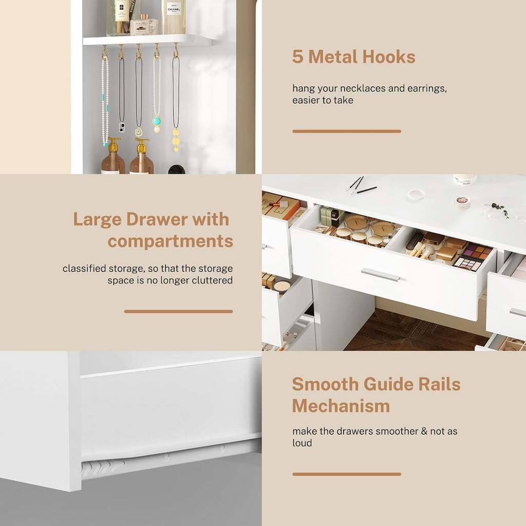 Quimoo Large Vanity Desk with LED Lighted Mirror & Power Outlet, Makeup Vanity Table with 7 Drawers,4 Shelves and 5 Hooks, White Vanity for Bedroom, Bathroom