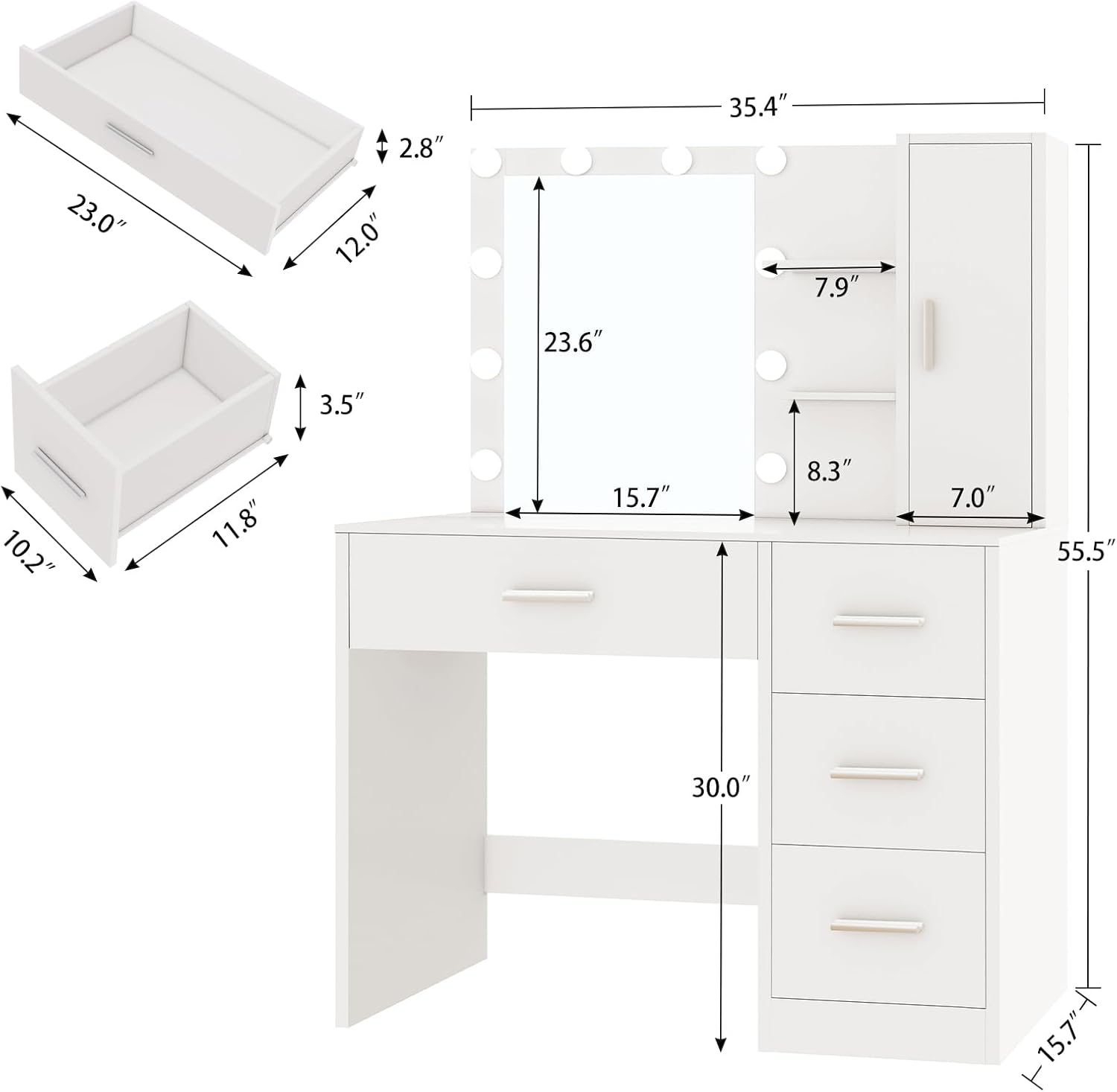 usikey Makeup Vanity with Lights, Vanity Desk with Mirror and 10 LED Lights, White Table with 4 Drawers, Cabinet & 4 Necklace Hooks, Dressing Table for Bedroom,Grils Vanity, White
