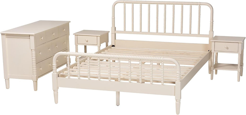 Baxton Studio Braith Farmhouse Ivory Spindle Wood King Size 4-Piece Bedroom Set