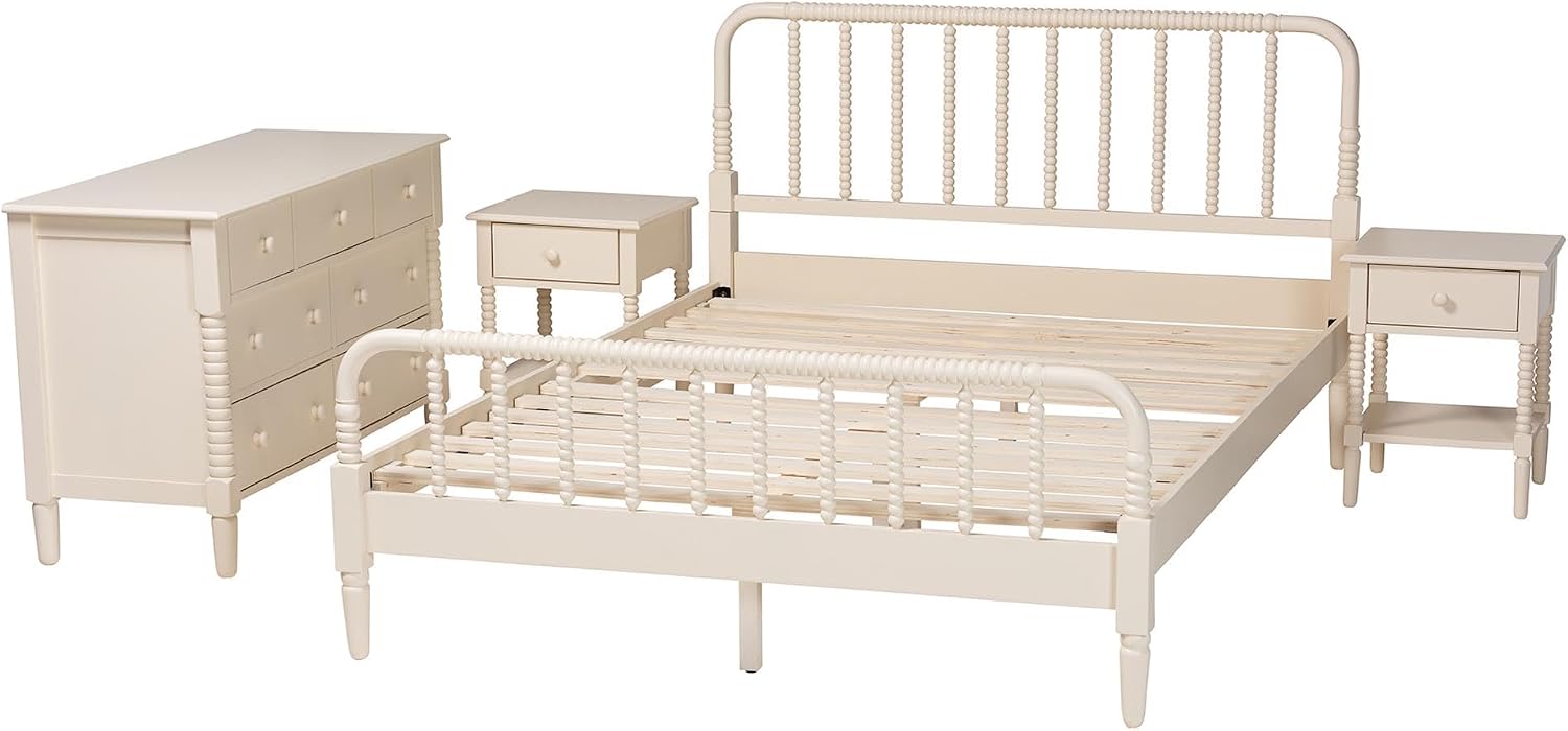 Baxton Studio Braith Farmhouse Ivory Spindle Wood King Size 4-Piece Bedroom Set