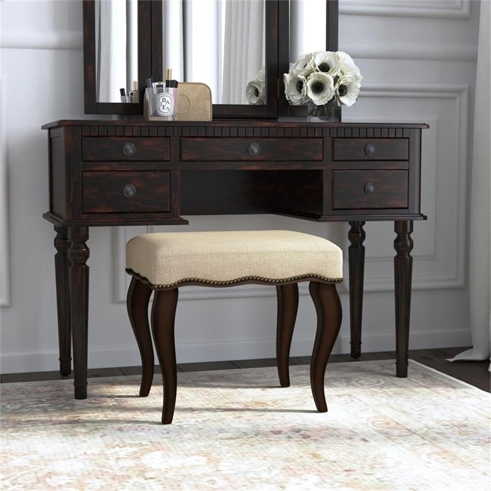 Hillsdale Hamilton Wood and Upholstered Backless Vanity Stool for Makeup Room and Bathroom, Burnished Oak