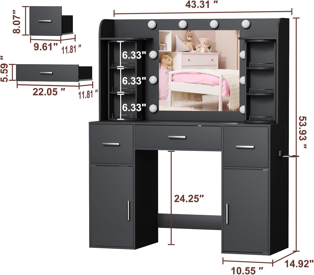 EasyCom Makeup Vanity Desk with Lights and Mirror, Vanity with Storage Rotating Jewelry Organizers, Dressing Table with USB-C Charging Station, 3 Drawers & 2 Cabinets for Bedroom, Dressing Room, Black