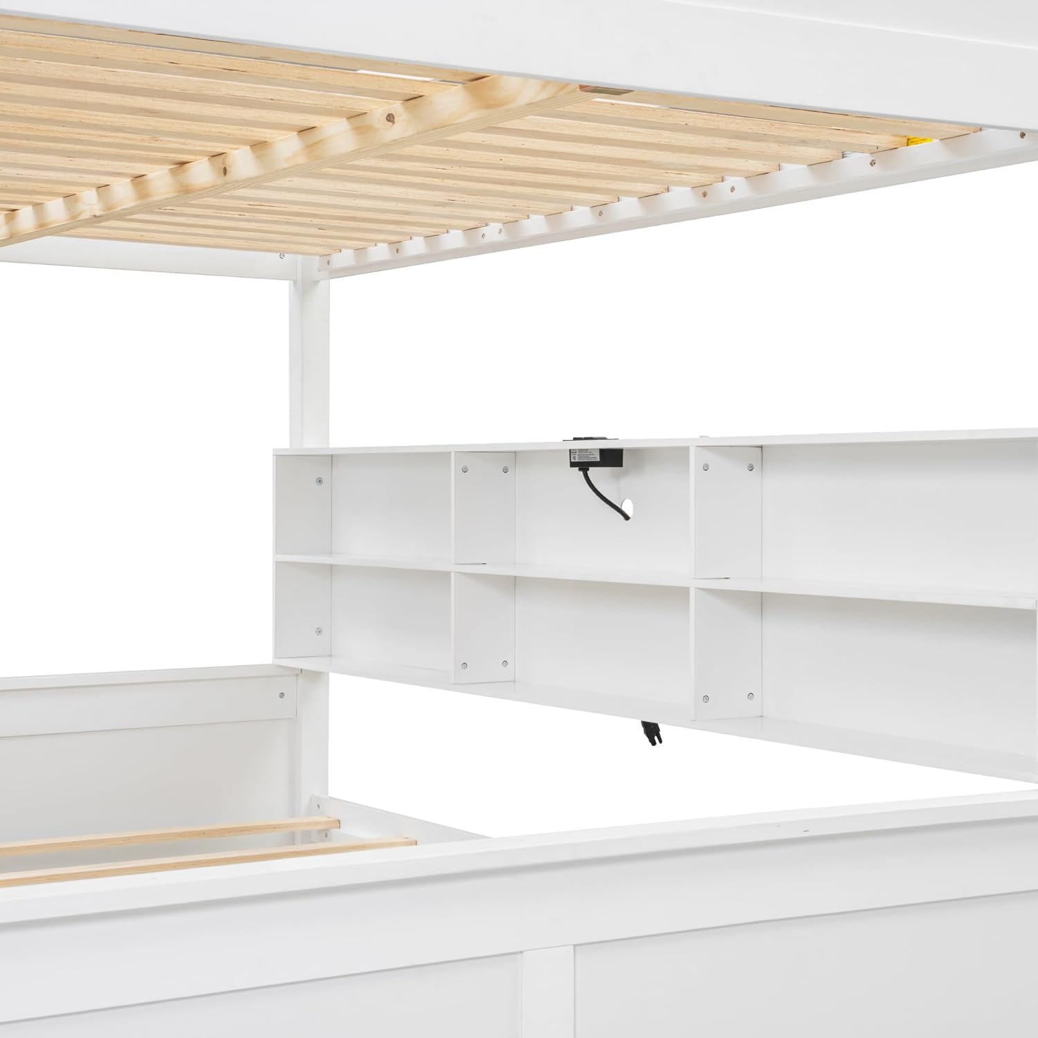 RUNNA Twin XL Over Queen Bunk Bed with Storage Cabinets and USB Ports, Solid Pine Wood Frame, Safety Guard Rails, No Box Spring Needed (Antique White1, Twin XL Over Queen)